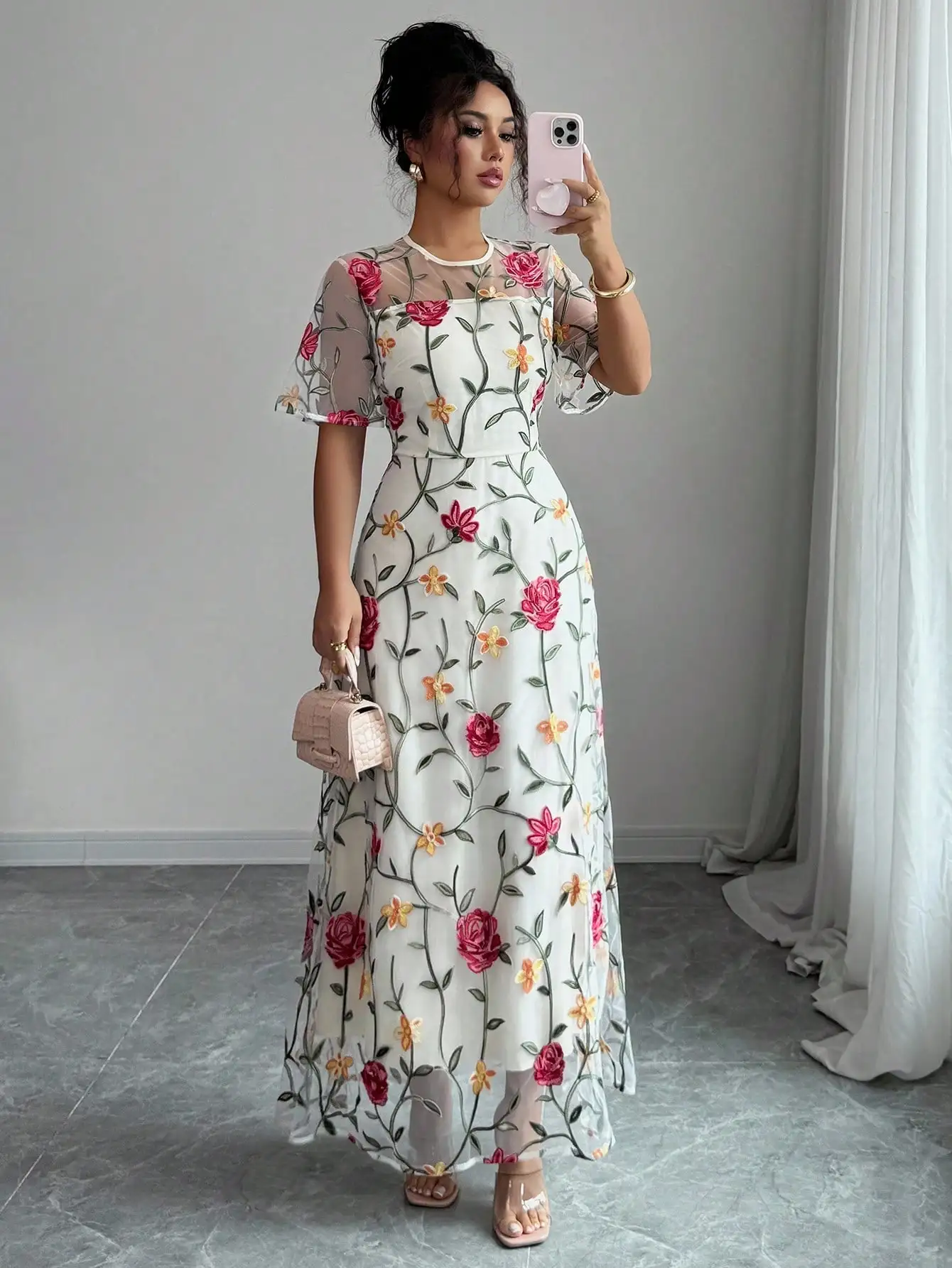 

Floral Embroidered Mesh Maxi Dress with Sheer Sleeves and Square Neck