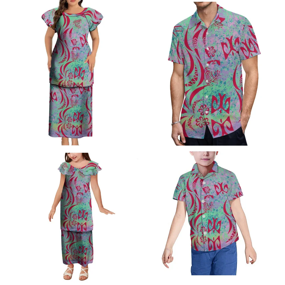 Nuovo set di abiti a maniche corte Puletasi da donna dell'isola polinesiana Abito lungo da ragazza Set da famiglia per feste hawaiane Camicia da uomo