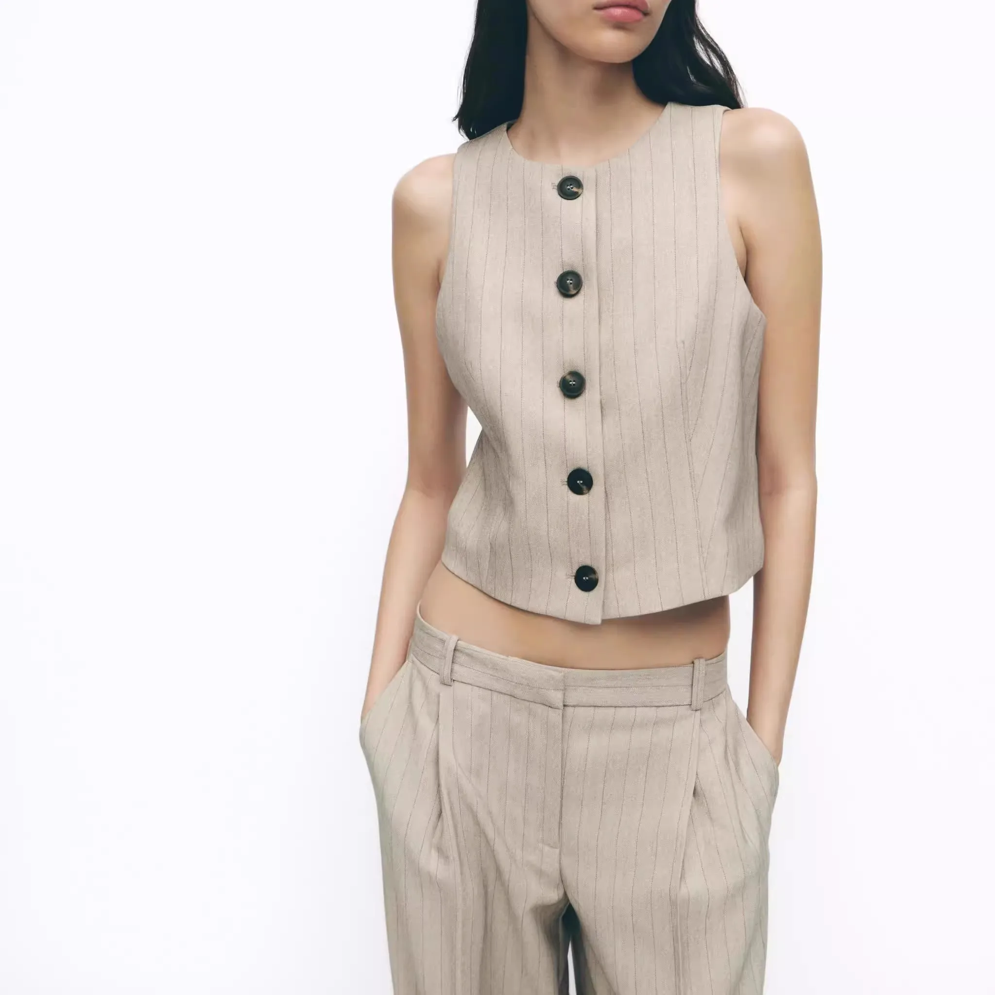 

2025 Spring New Women's Original Design Cheered Pattern Vest And Pants Set round Ne ort Length Single Button Closure