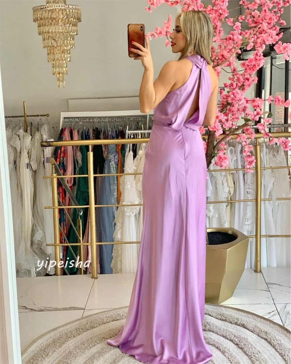 Jersey Draped Pleat Ruched Homecoming A-line Halter Bespoke Occasion Gown Long Dresses