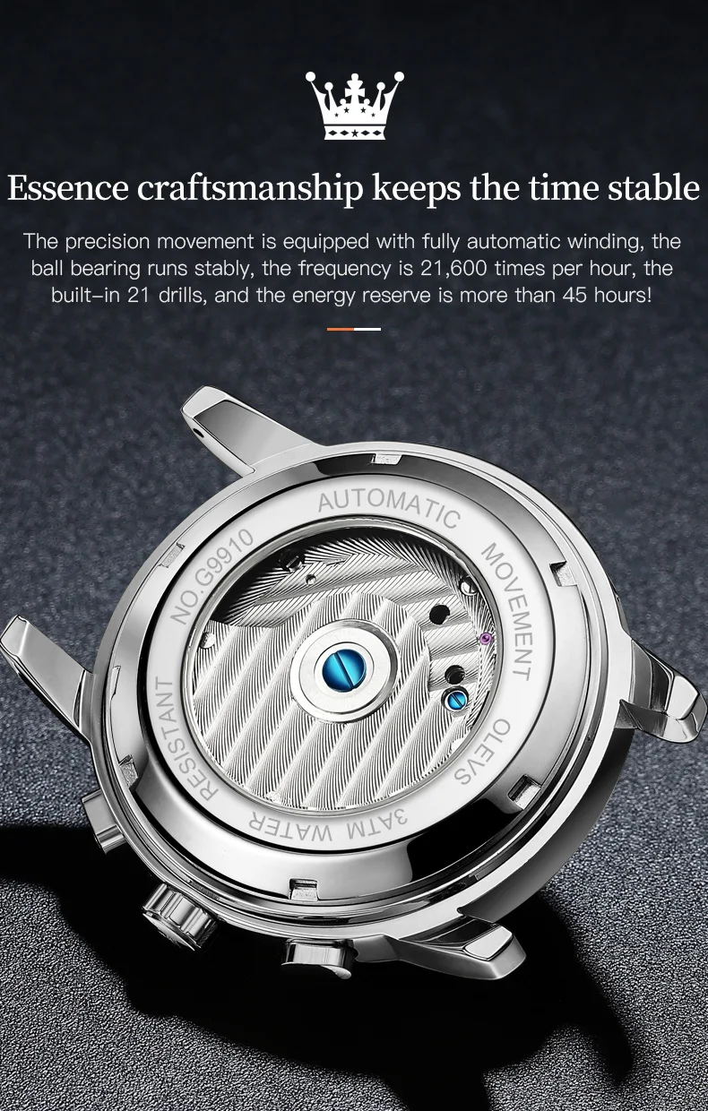 OLEVS 9910 Brand Original Authentic Watches for Man Luxury Gift Box Steel Belt Multifunctional Tourbillon Mechanical Men's Watch