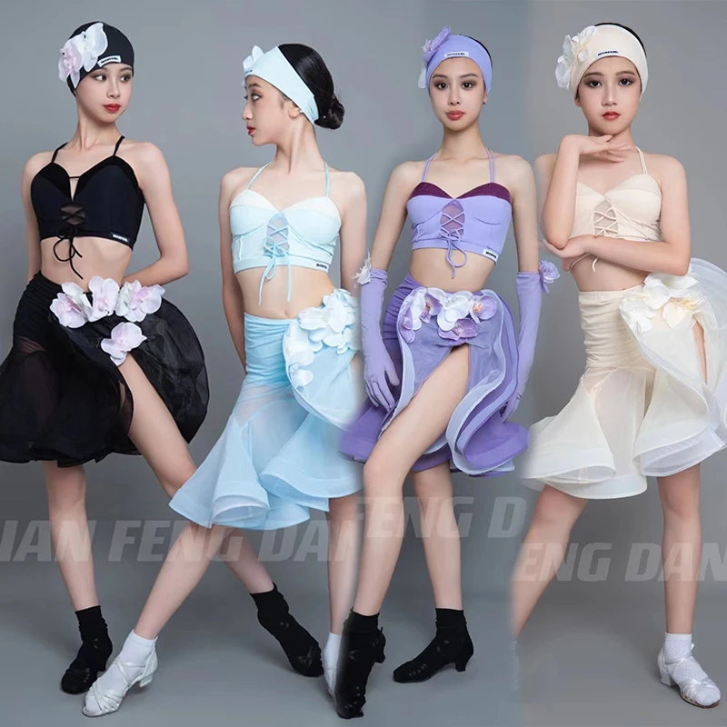 

Летний детский костюм для латинских танцев, одежда для выступлений для девочек, платье для соревнований, румба-ча-ча, юбка с цветочным принтом, черное платье DNV18362