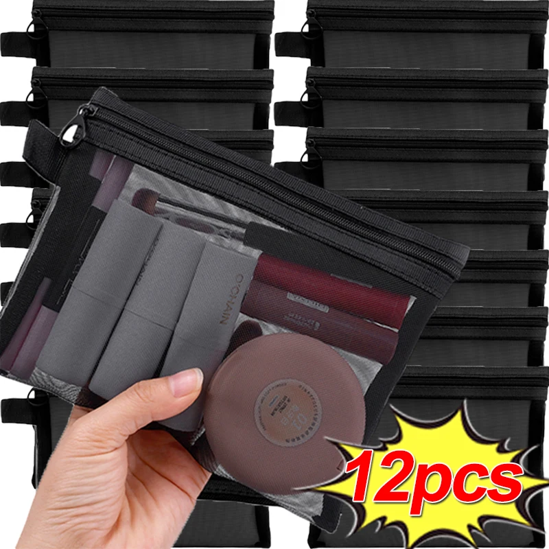 Sac à cosmétiques en maille noire, trousse de toilette, trousse de maquillage, grand étui, étuis à cosmétiques, sac à main de rangement pour articles de toilette, poudres, 3TAN12/1 pièces