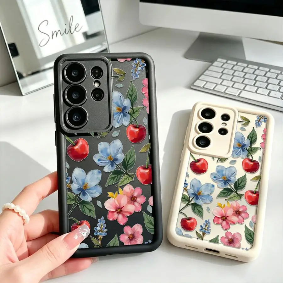 Cherry Floral Case for Samsung Galaxy S26 Ultra S22 S25 S24Ultra S24 Plus S25 Edge S20FE S21 S23 FE Phone Cover
