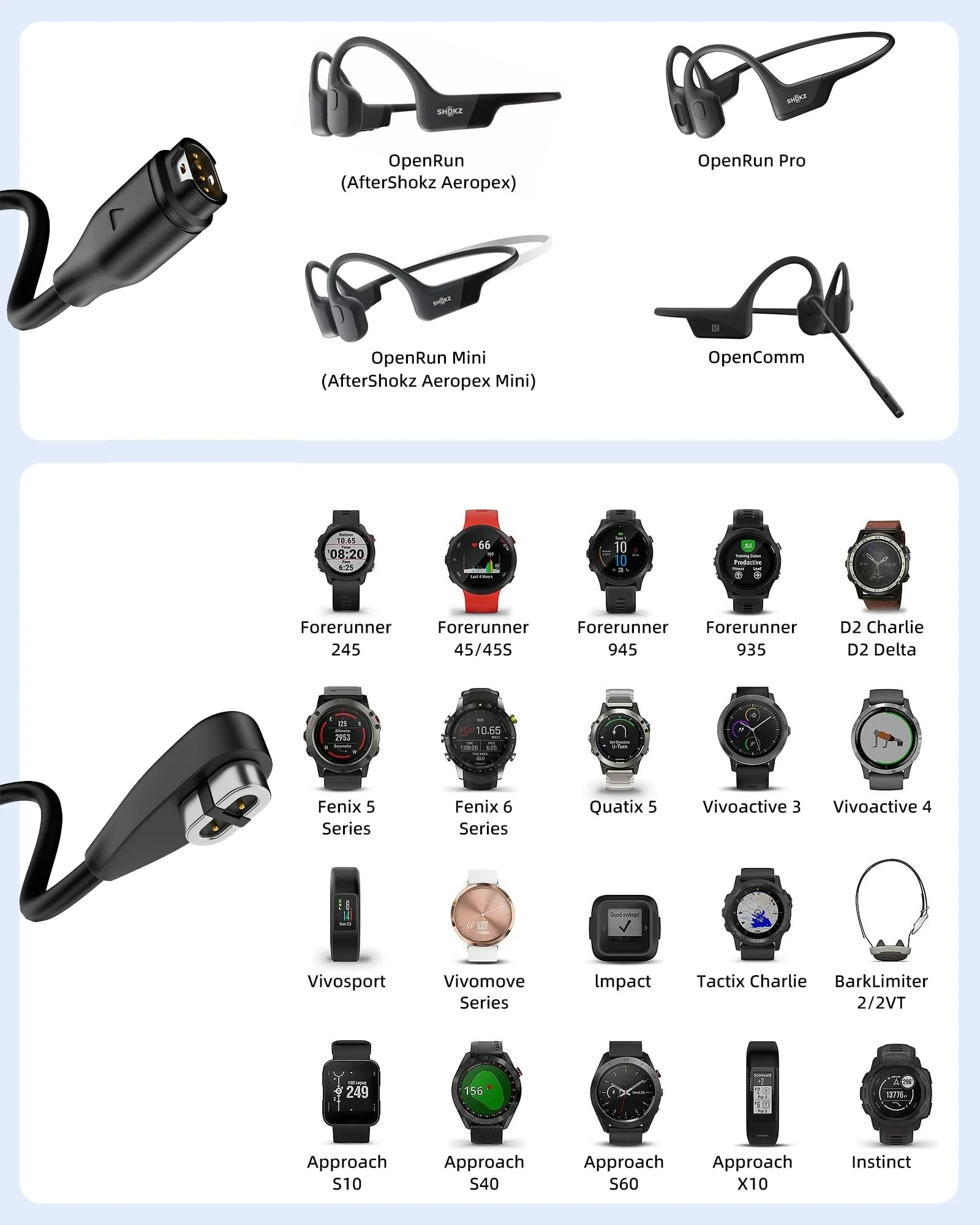 Câble de chargement USB-A/type-c 2 en 1 de 1M, Compatible avec les casques à Conduction osseuse Garmin Fenix et Shokz OpenRun/Aeropex/OpenComm