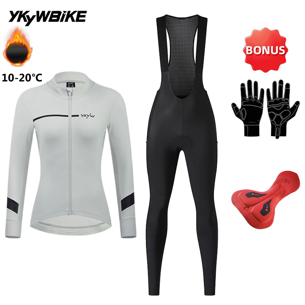 YKYWBIKE Damen Winter-Radtrikot-Set 10-20 ° C Rennradbekleidung Fahrrad-Set Langarm-Latzhose Italien-Interface