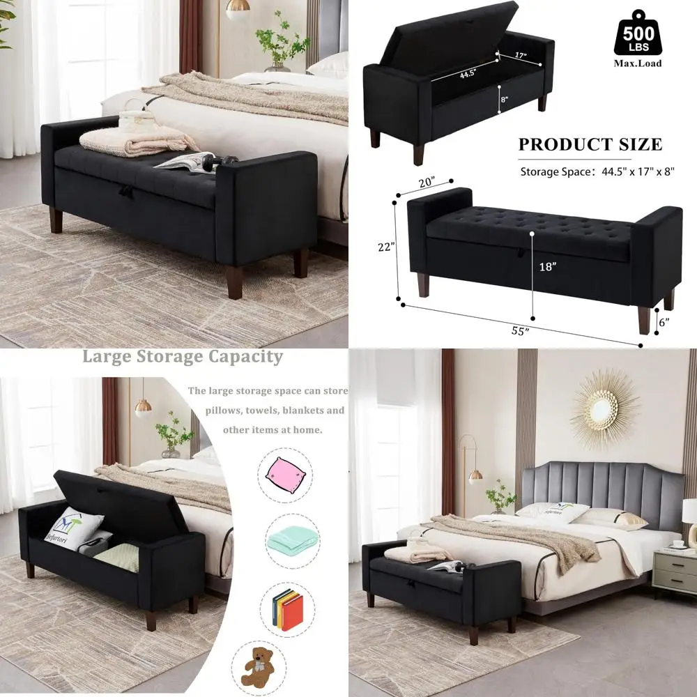 Bedroom Storage Bench - 55 Velvet Upholstered Ottoman with Storage, Solid Wood Legs, End of Bed Furniture