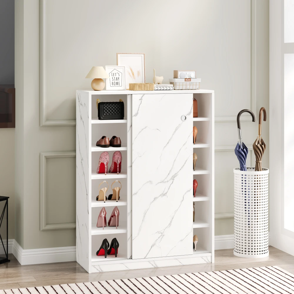 

Marble white shoe cabient with sliding door have 6 layers can storage at least 30 pairs shoes