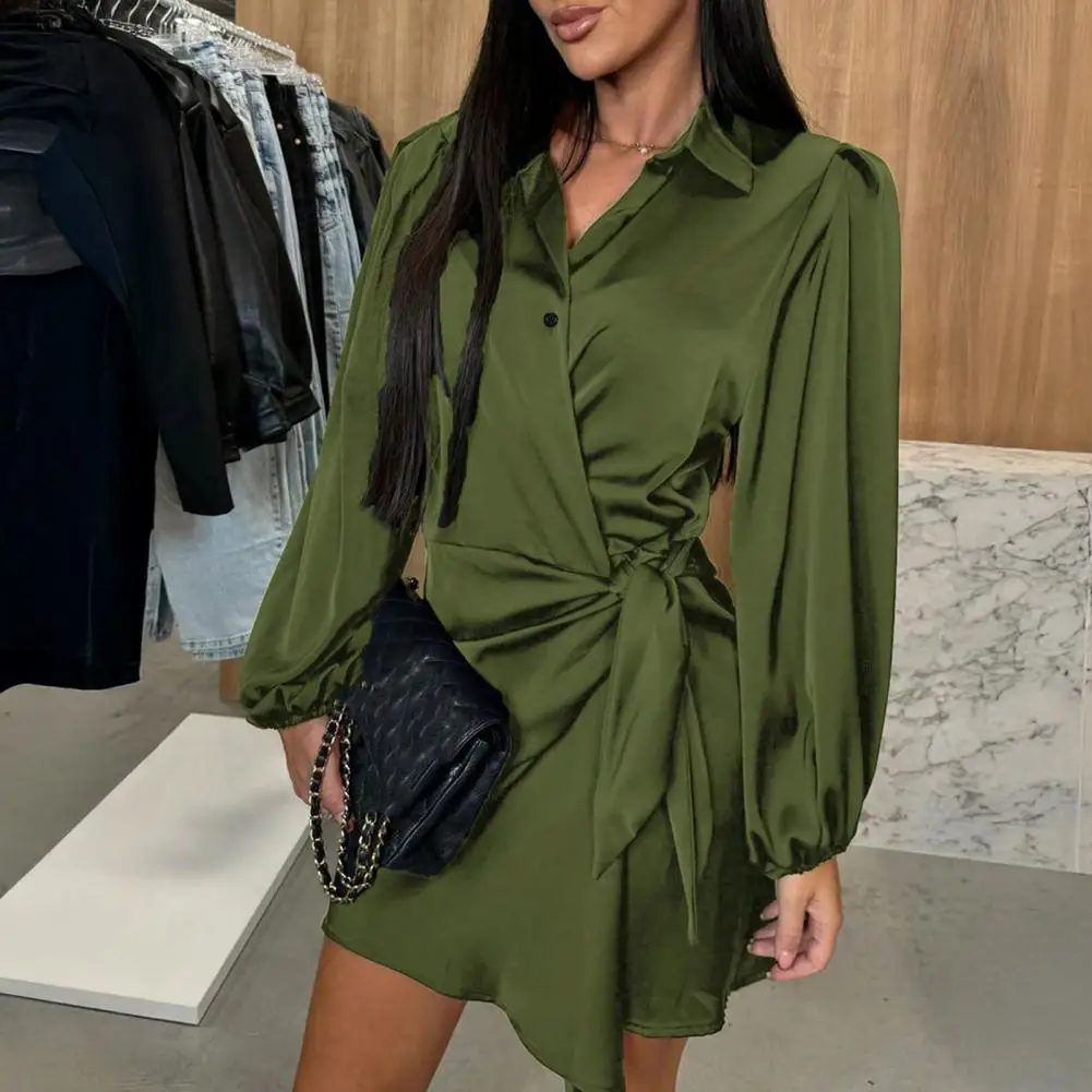 Vestido camisero de satén para mujer, vestido envolvente de manga larga con cuello en V, minivestido informal con lazo en la cintura, Falda corta para fiesta y club