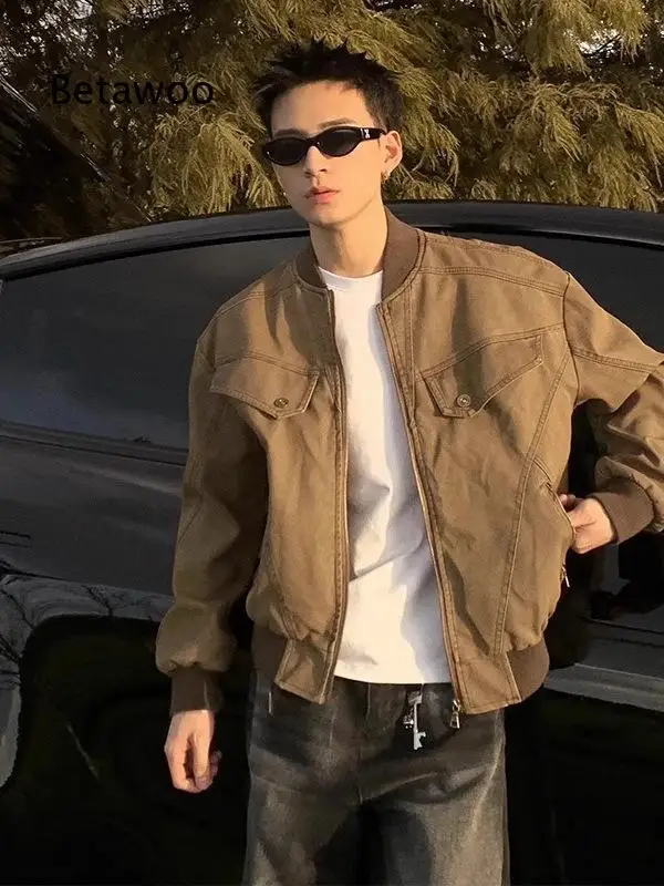 Men Rib Collar Zip Up Bomber Jacket Multi Pockets Vintage Loose Outerwear for Spring Autumn Street Daily Wear