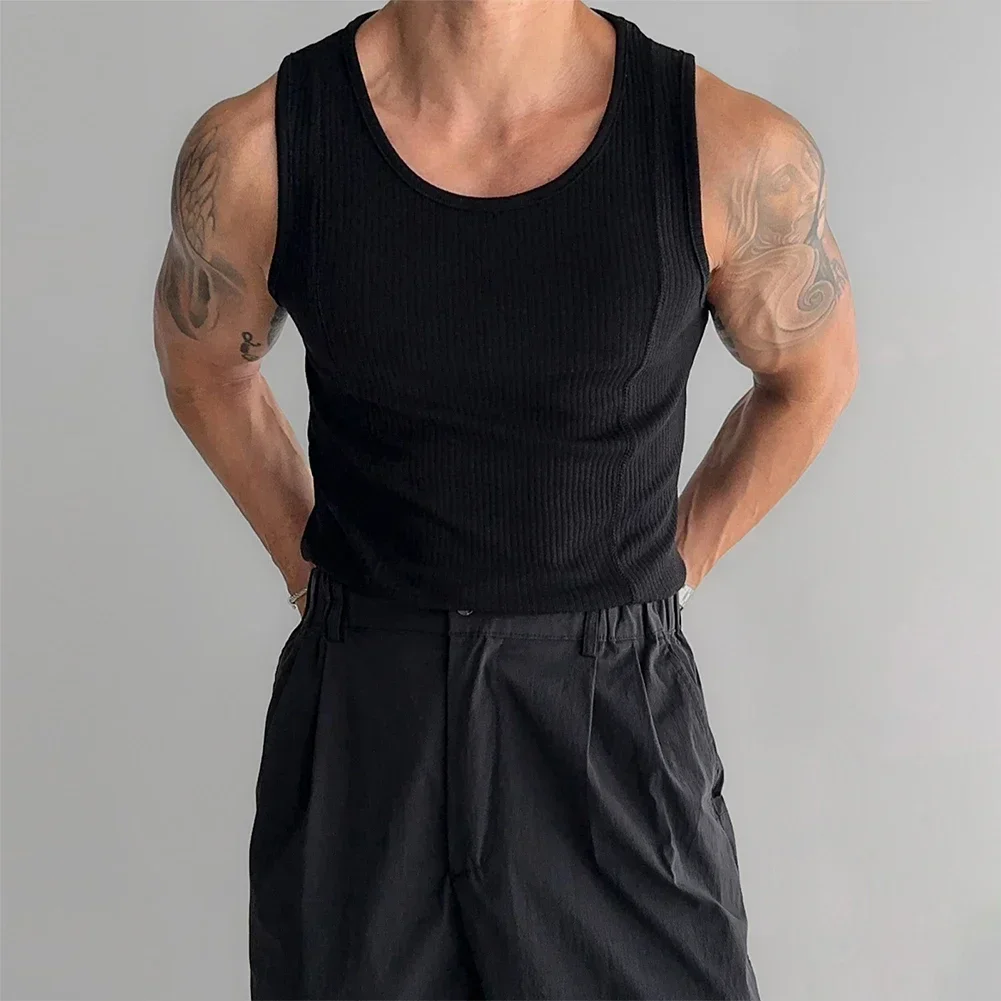 Male Top Mens Vest Fitness Leisure Minimalist O-Neck Regular Ribbed Sleeveless Sports Stripe Tank Top Vertical