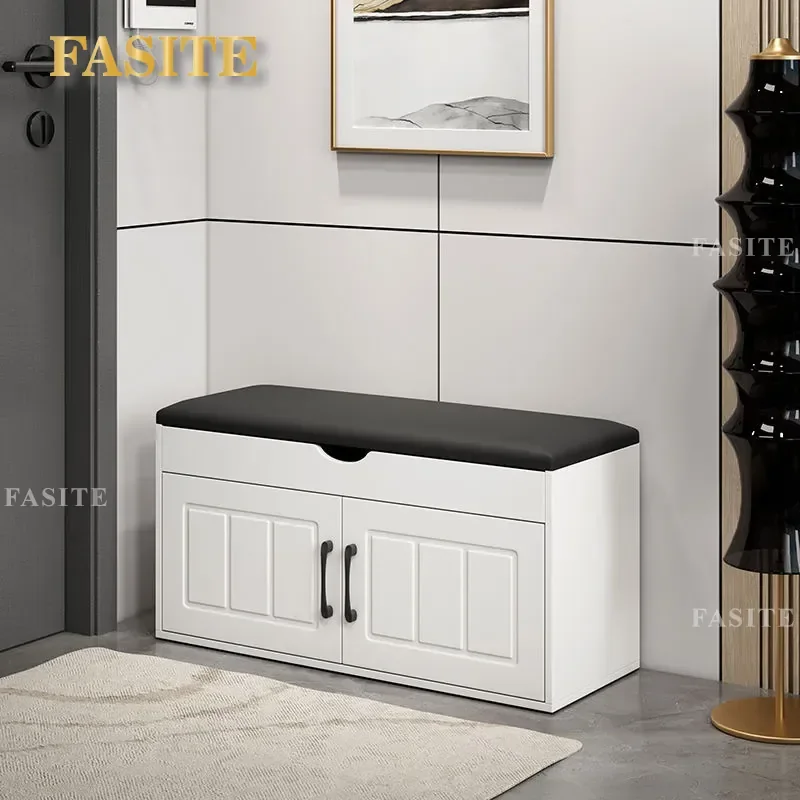 Modern Shoe Changing Stool with Soft Cushion Integrated Shoe Rack Storage Bench for Entryway Hallway Living Room Space Saving
