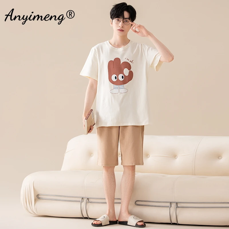 High Quality Pj for Boy Sleeping Lingerie Man Cartoon Sleepwear 100% Cotton Mens Shorts Summer New Male Short Sleeves Pajamas