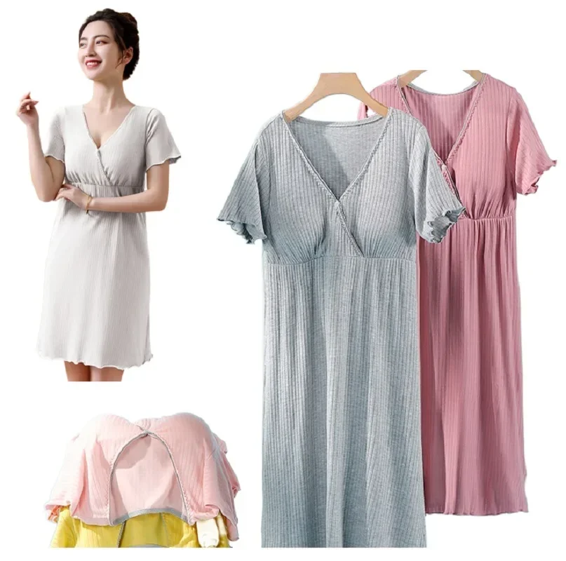 Women's Maternity Nightshirt Short Sleeve Down Button Nightgown Pregnancy Gown V-Neck Sleepwear Pajama Breastfeeding Dress