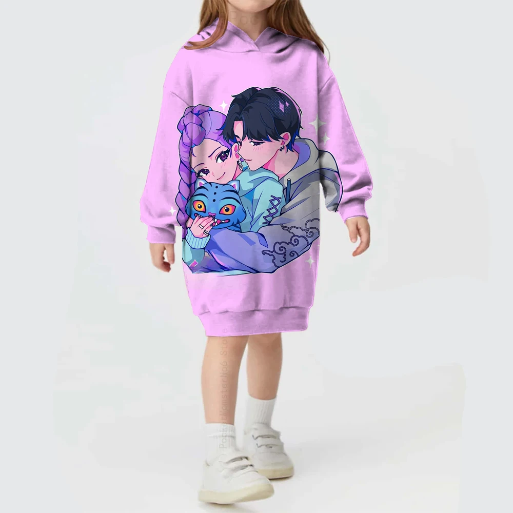 

2025 New KPop Demon Hunters Cartoon Printed Children's Autumn Girls' Dress Pink Long Sleeve Children's Hoodie