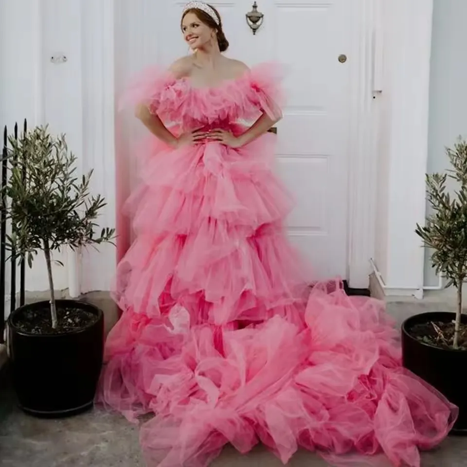 

2025 Ruffles Tierred Tutu Tulle Wedding Gowns Pretty Long Women Dress Colorful Coral Red Layered Tulle Bridal Dresses