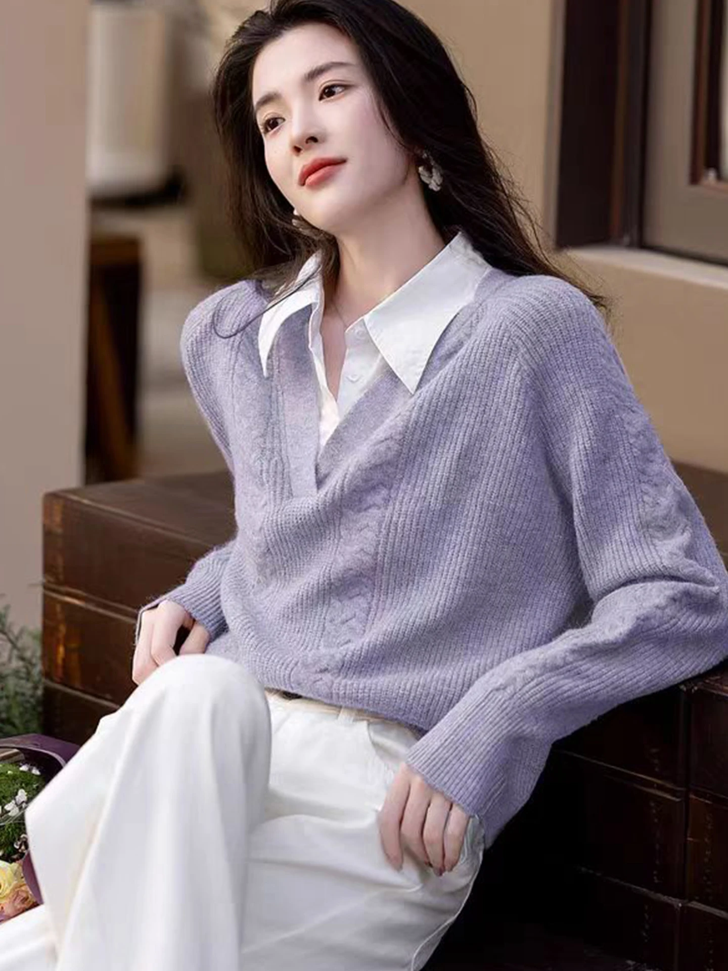 

Мягкий, удобный, вязаный свитер с длинными рукавами, повседневный топ с эффектом двухслойности, осенняя модная корейская свободная кофта из смесовой шерсти