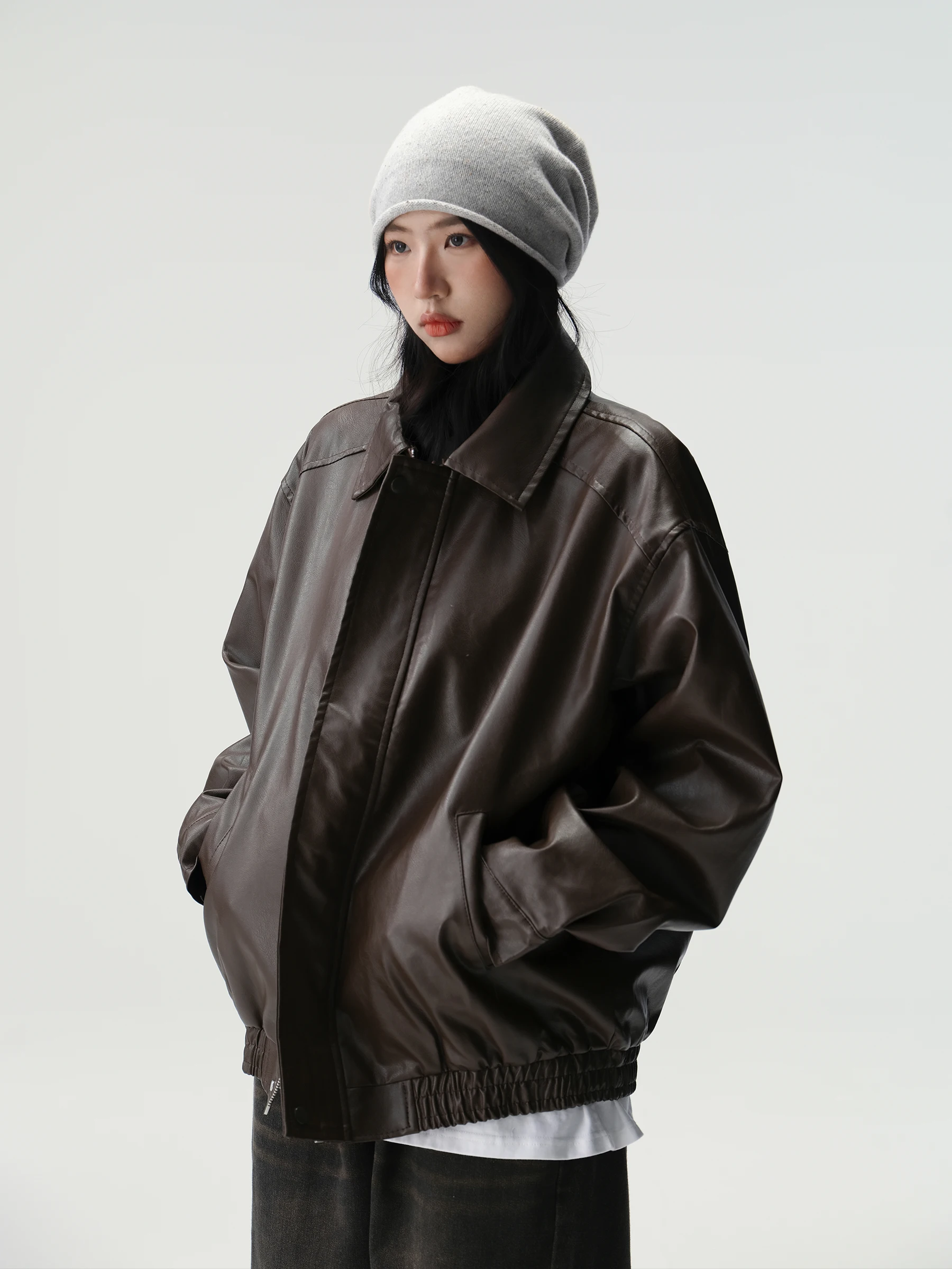 Bluescola-Chaqueta de cuero marrón para mujer, abrigo de cuero PU hoado para primavera y otoño, estilo Vintage de alta cali...