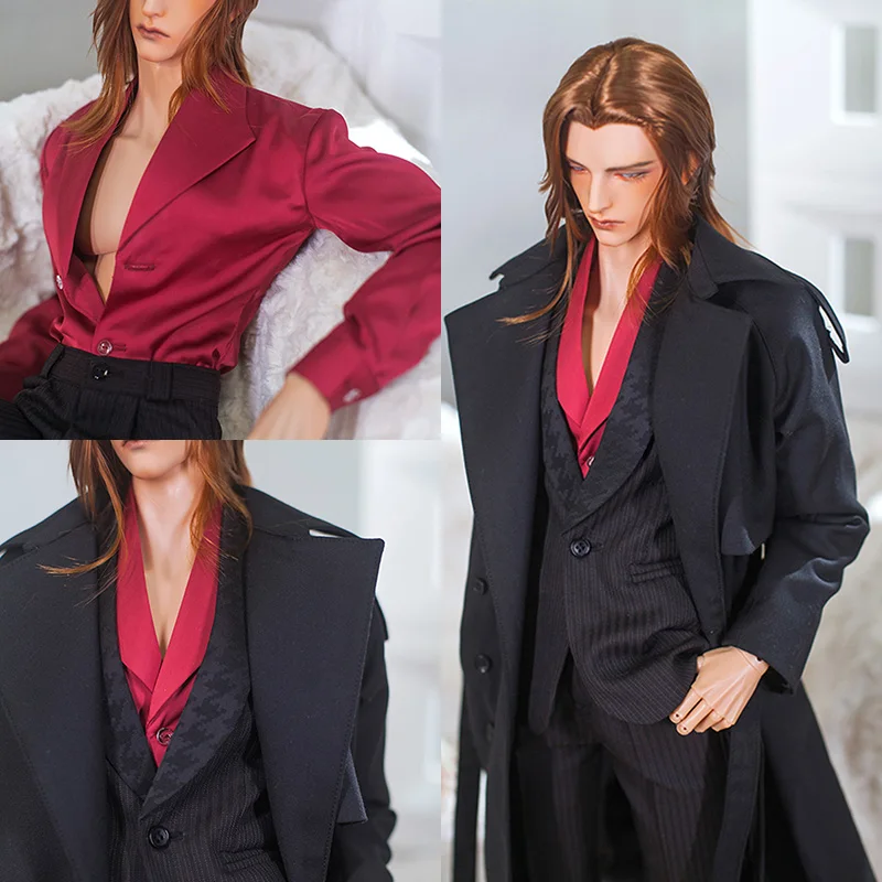 Custom-made Holiday Series Male Coat + Trousers Set Dark Red Shirt Black Long Storm Coat Model for BJD Dolls SD17-Uncle YC67