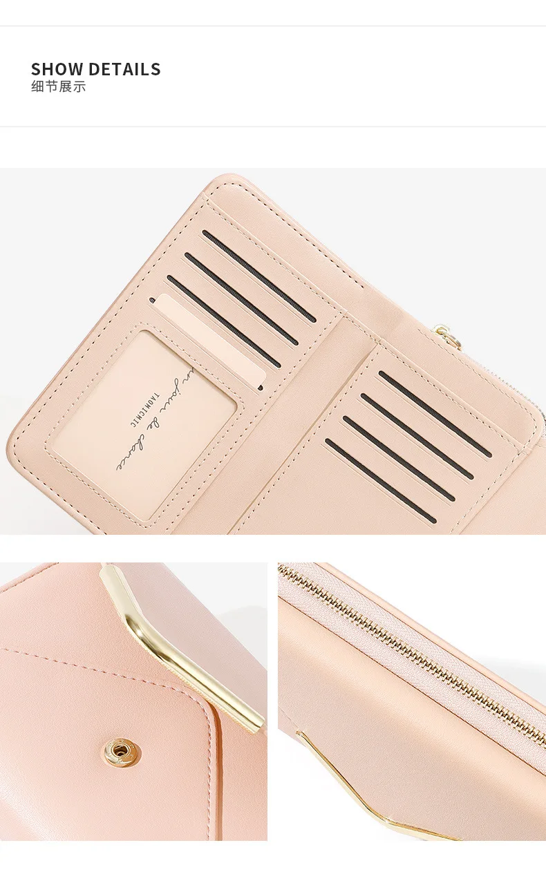 ElegantMid-Length Envelope Wallet for Women Simple Stylish PU Coin Card Holder with Zipper Multiple Card Slots International Tra