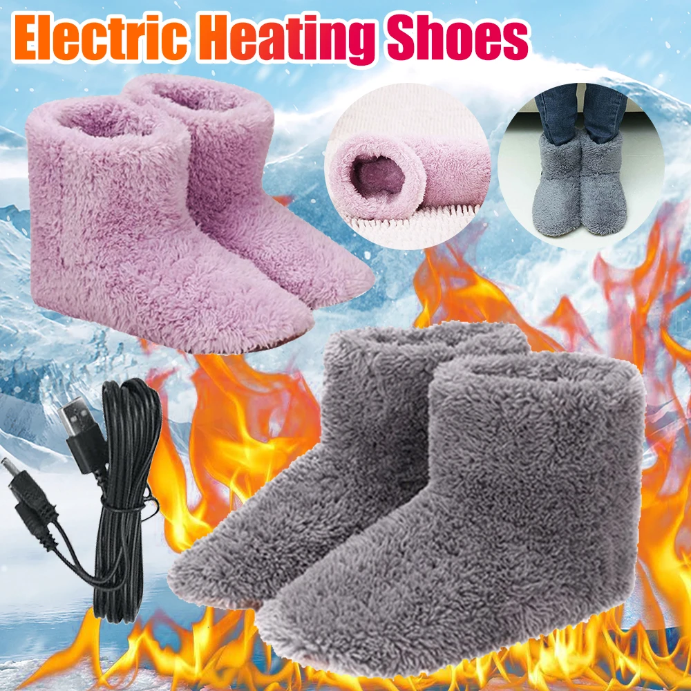 1 Pair Electric Heating Shoes USB Heated Slippers Winter Warm Plush Shoes Home Couples Flip Flop Foot Warmer for Indoor Outdoor