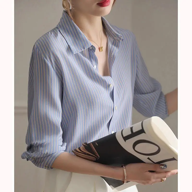 Women Summer Simplicity Office Lady Striped Appear Thin Polo-Neck Long Sleeve Shirts Women Clothes Casual All-match Trend Tops