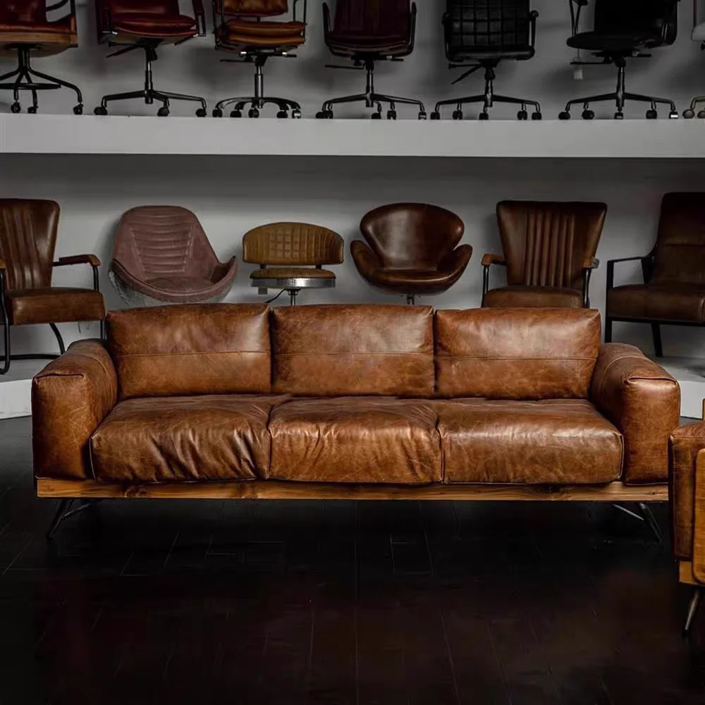 Retro-style oil-waxed genuine leather straight-row sofa, vintage designer solid wood sofa, villa modular sofa