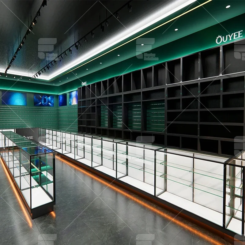 Custom Hookah Shop Display Cabinet Interior Design Salt Wall Black Counter Shelf Smoke Shop Glass Display showcase