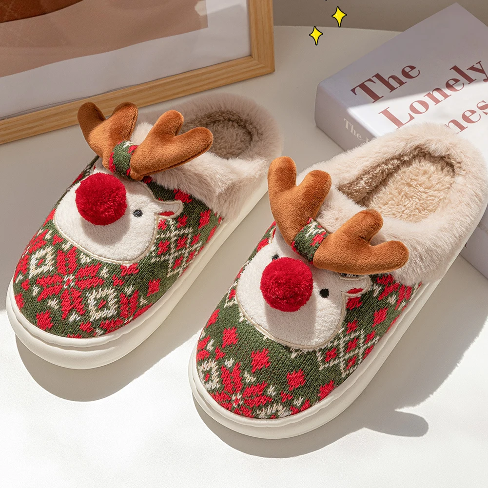 Christmas Elk Plush Slippers Warm Slip-on House Shoes Comfortable Furry Reindeer Slipper Cute Animal Slippers for Autumn Winter