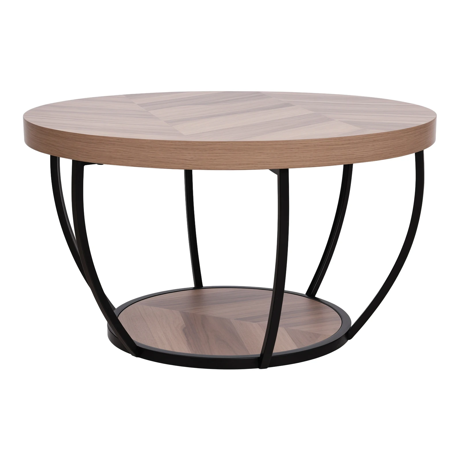 Round Coffee Table, Industrial 2-Tier Circle Coffee Table, Wooden Grain Center Table Sofa Side Table with Bottom Shelf