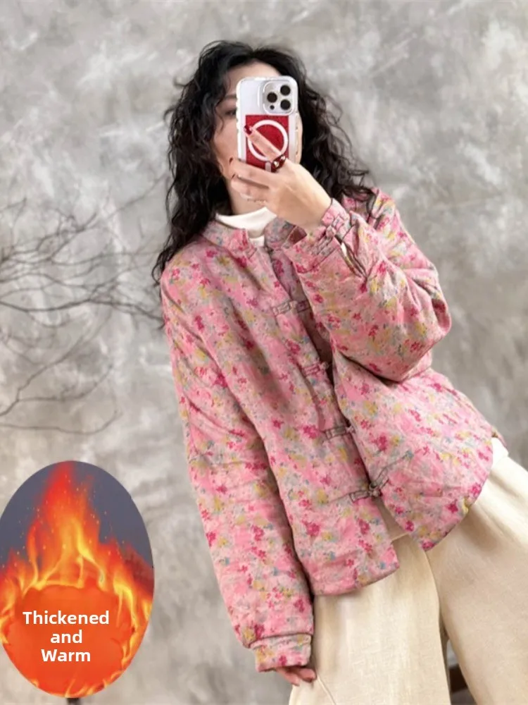 

Retro Floral Cotton Linen Jaet Women's Winter Thiened ort Coat Stand Collar Button up Slimming Outerwear