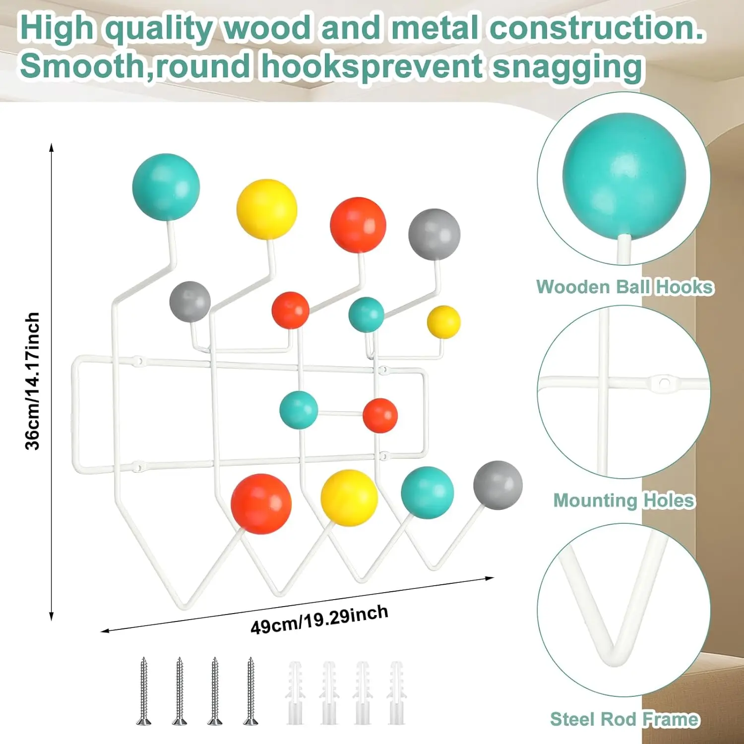

Настенная вешалка для одежды в стиле середины века с разноцветными деревянными шариками, декоративная современная металлическая вешалка-крючки для дома