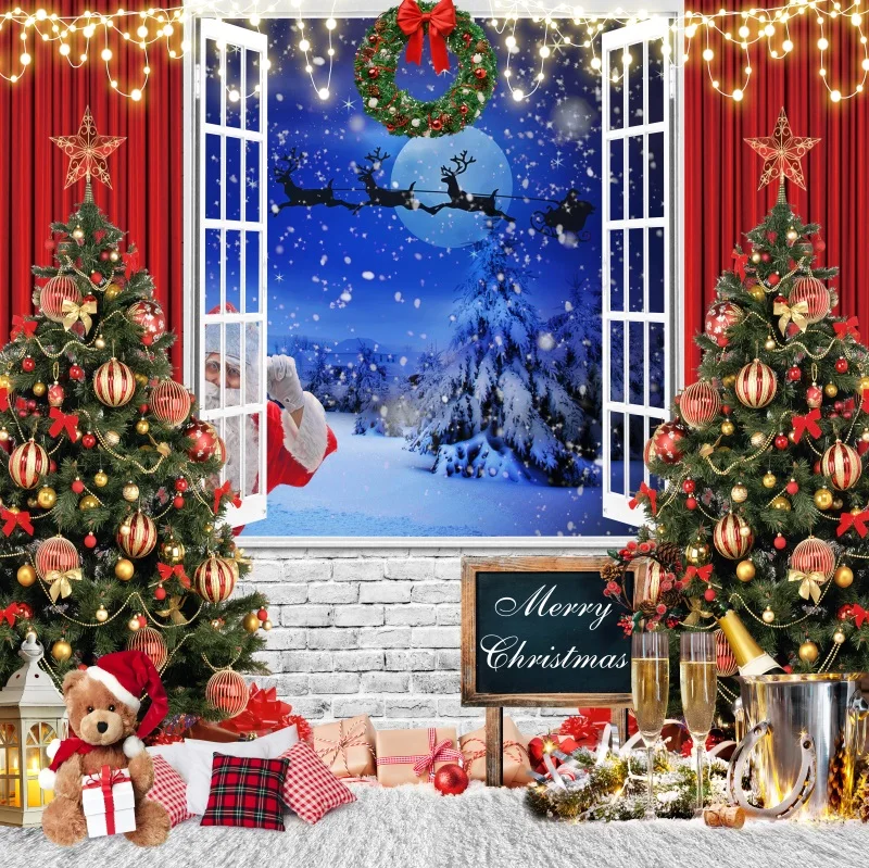 عيد ميلاد سعيد خلفية الشتاء الثلوج شجرة عيد الميلاد هدية نافذة ستارة حمراء التصوير خلفية الأسرة لوازم ديكور الحفلات
