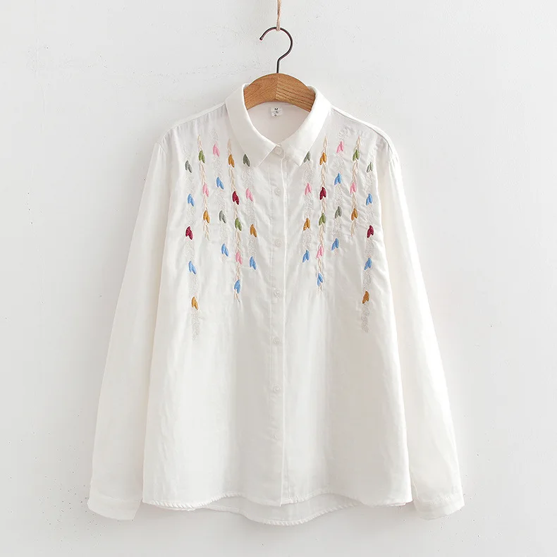 

Autumn New Sweet Mori Girl Cartoon Embroidered Leaves White Cotton Shirts Women Turn Down Collar Long Sleeve Boho Blouse Tops