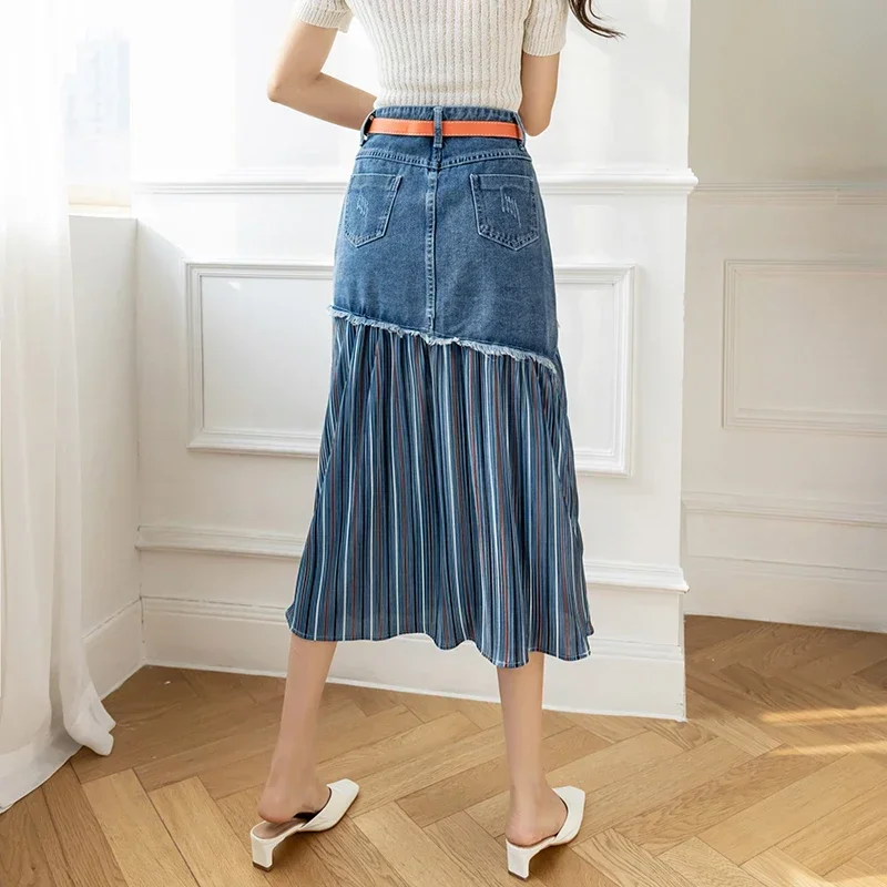 S-5XL Patchwork Pleated Jeans Skirts Women High Waist Ripped Skirts Vintage Elegant Korean Fashion Denim Skirts Big Size KS10294