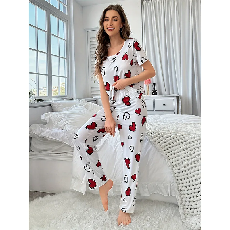 Women's Pajamas Set Casual Heart Print Short Sleeve Top Long Pants Sleepwear 2 Piece Set For Women Homewear Round Neck Suit