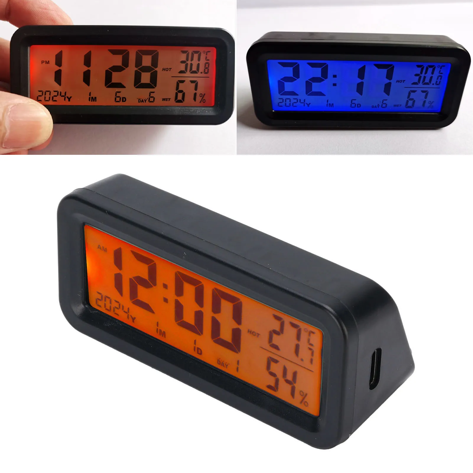 Car Dashboard Clock Luminous Electronic Clock Calendar Temperature Humidity Display Support Solar Panel Type C Charging