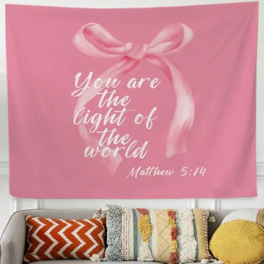 Coquette Pink Bows Tapestry for Bedroom, Verse Wall Decor Christian Tapestry Wall Hanging, Pink Christian Gifts for Women, Be T