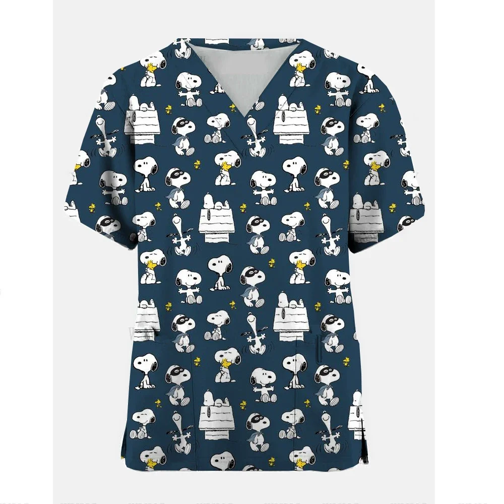 T-shirt Snoopy Summer Women Cartoon Dog Snoopy Shirts Tops Pocket Woman Nurse Uniform Clothes V Neck T-shirts Hospital