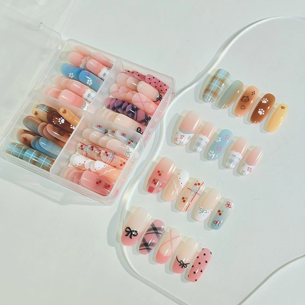 120Pcs Kawaii French Plaid Polka Dots Fake Nails Medium Oval Press On Nail Tips Spring Flower Cherry Wearable False Fingertips