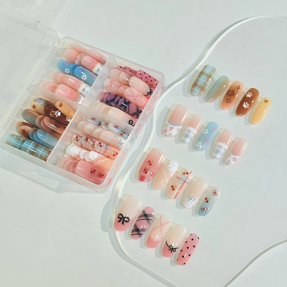 120pcs uñas postizas kawaii francesas con cuadros y lunares, ovaladas medianas, puntas press-on con flores de primavera y cerezas 2
