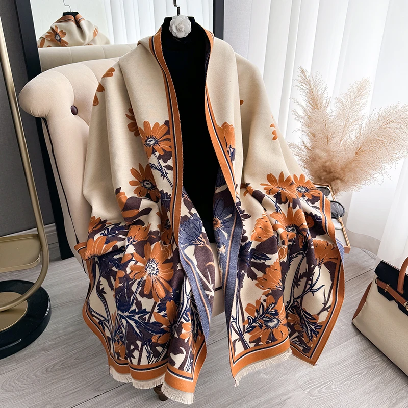 2024 New Female Fashion Luxury Designer Winter Ourdoor Women Scarf Floral Cashmere Thicken Warm Shawl Pashmina Scarves  Bufanda