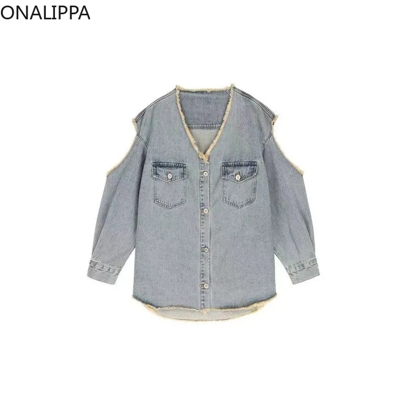 Onalippa Off-shoulder Tassel Denim Jacket Women Vintage V Neck Single Breasted Ripped Tops Korean High Street Casual Jackets