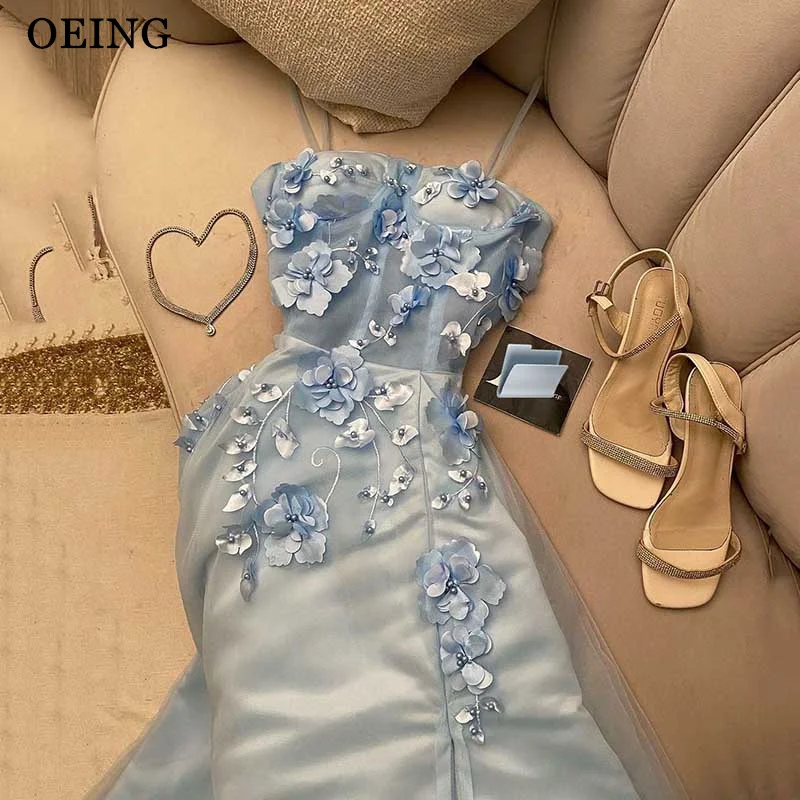 

OEING Sky Blue Prom Dress Elegant Spaghetti Strap Appliques Chic A Line Evening Dresses Formal Occasion Gown Vestidos Para Mujer