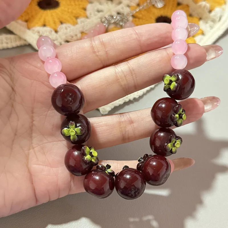 3D Fruit Simulation Strawberry Lemon Bead Necklace with Sparkling Glass Beads Cute Exaggerated Jewelry Gift - view 5