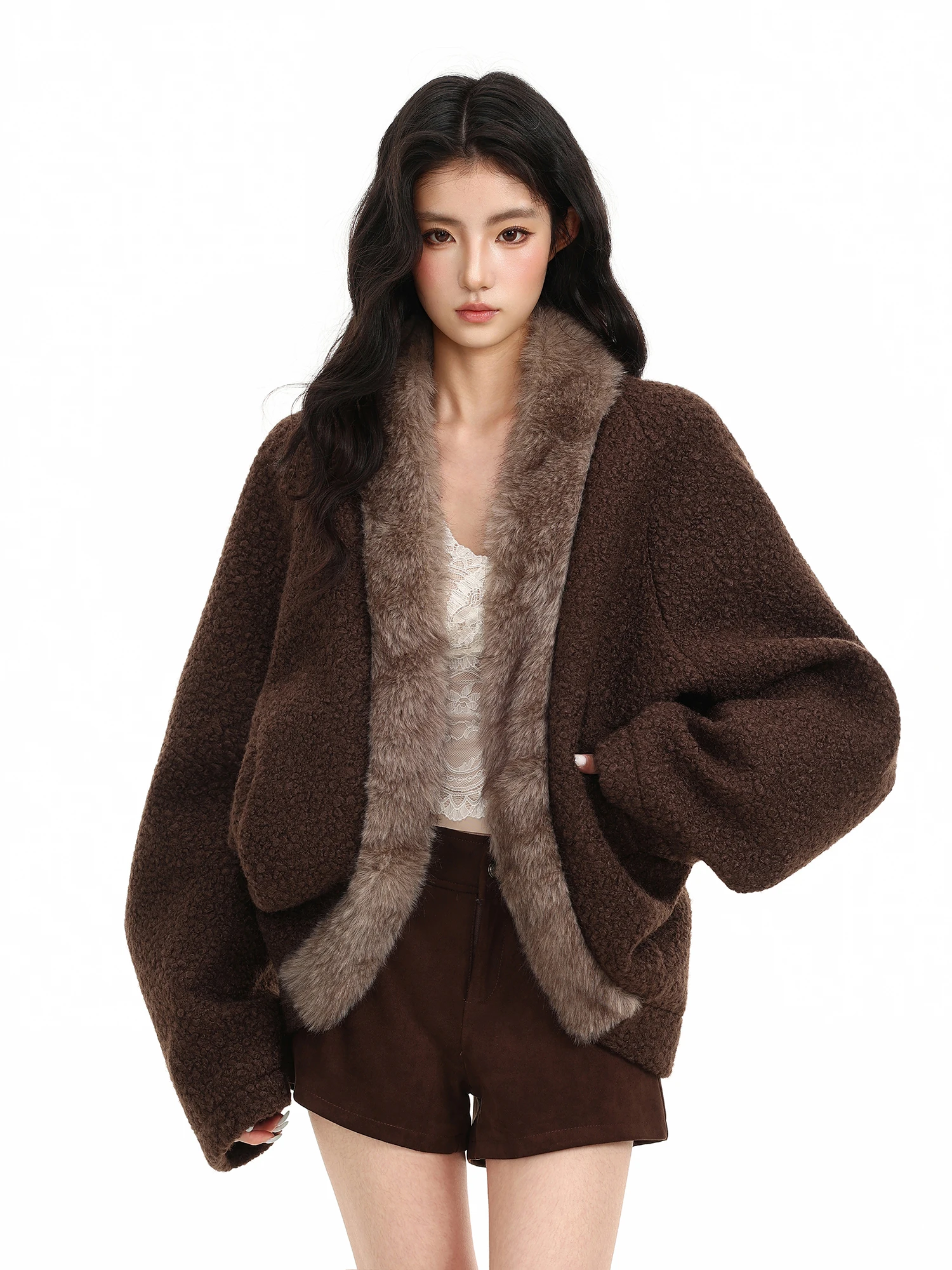 Loose Fit Lamb Fur Jacket Women's Winter Thickened Bat Sleeve Cotton Coat Trendy Oversize Coat Polyester Material Short Style