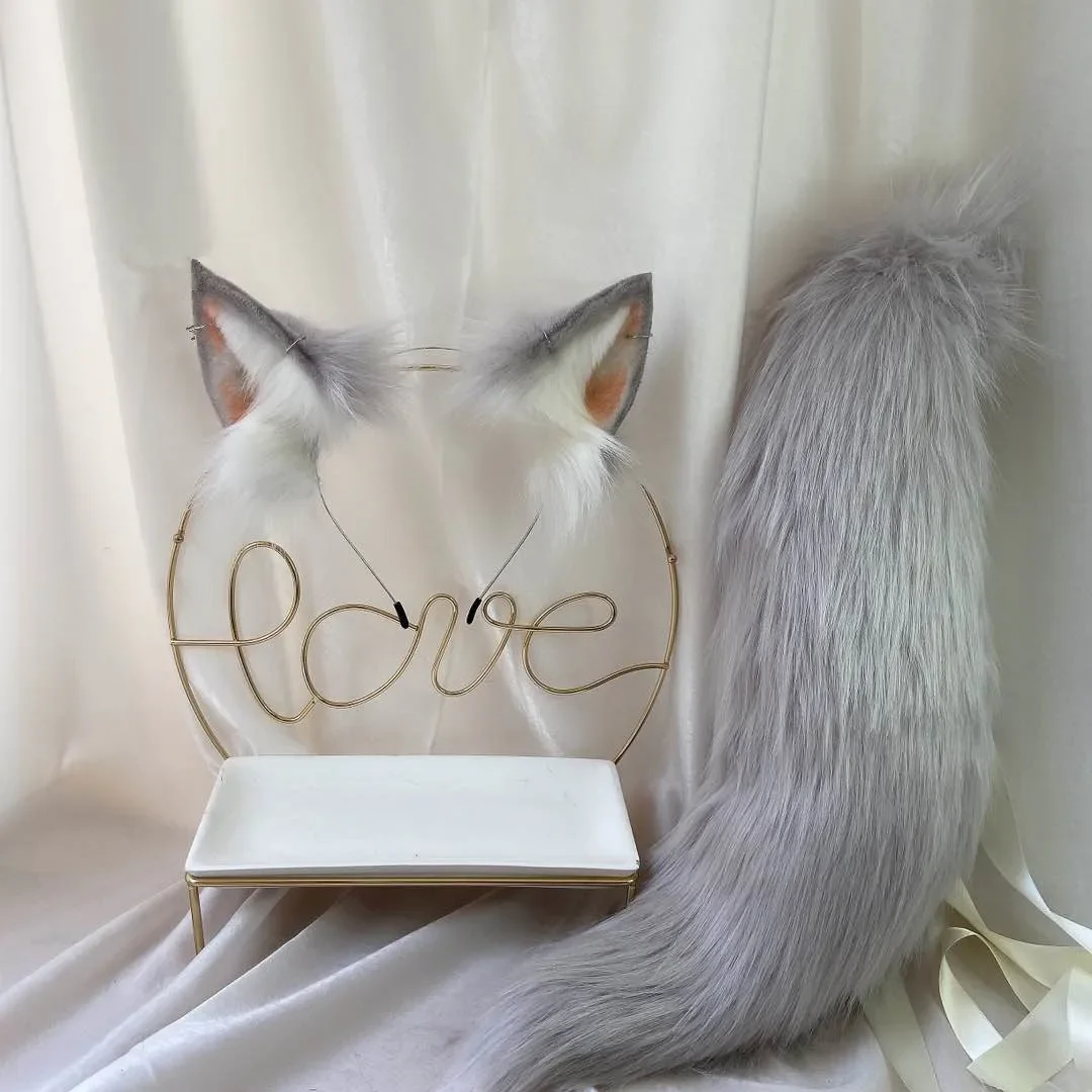 High Quality Hand Made Gray Wolves Wolf Ears Hair Hoop Hairbands Headwear Tail For Girl Women Halloween Christmas Cosplay Prop