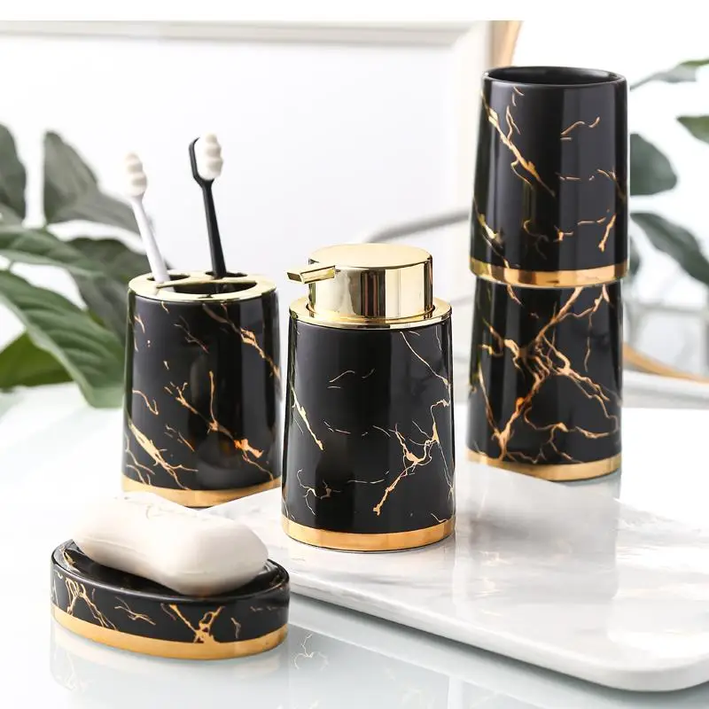 Golden Marble Bathroom Decoration Accessories Ceramic Toothbrush Holder Soap Dispenser Toothpaste Box