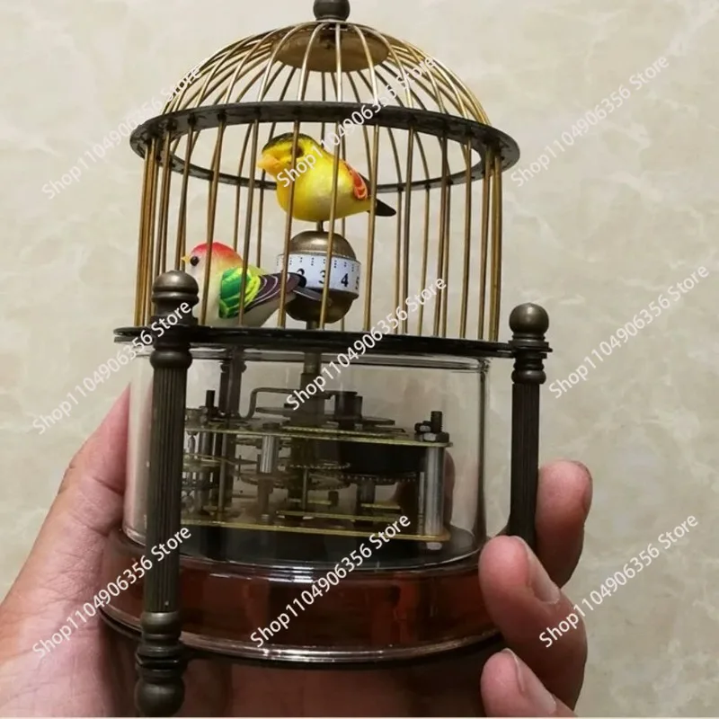 Antique Mechanical Table Clock, Vintage Fun Ornament Clock with Mechanical Bird Movement, Glass Dome Decorative Clock