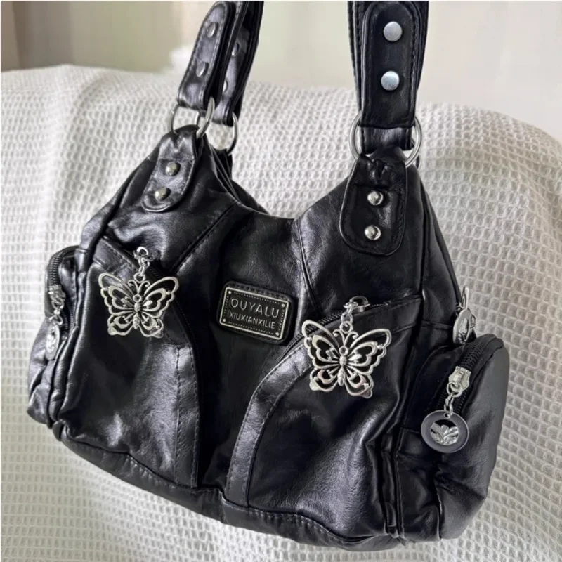 Y2k tas bahu hitam wanita, Tote Bag kulit motor Vintage kapasitas besar mode canggih Gotik